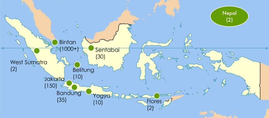 A map that shows installed Safe Water Gardens in Indonesia and Nepal